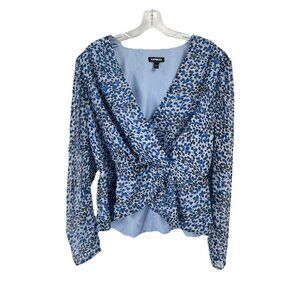 Express Blue Gray Faux Wrap Top Sz Large Animal Print V Neck Long Sleeve